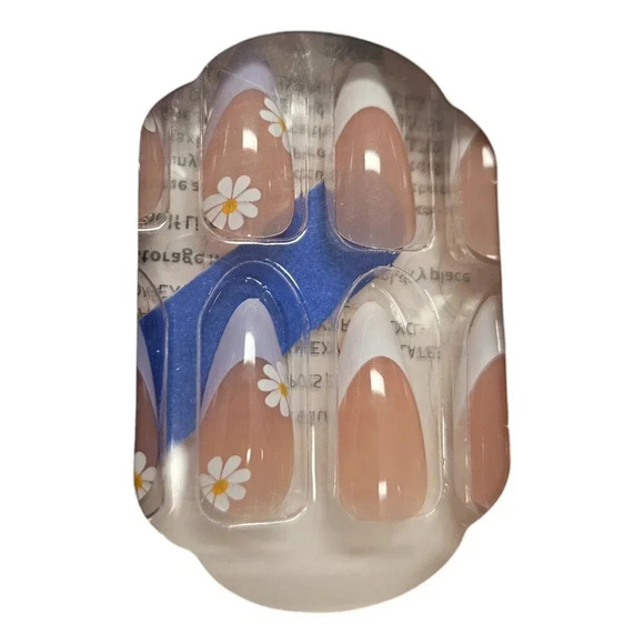 Daisy French Manicure Med Almond - 24pcs Plastic Press On Nails Set with Sticky - Picture 2 of 3